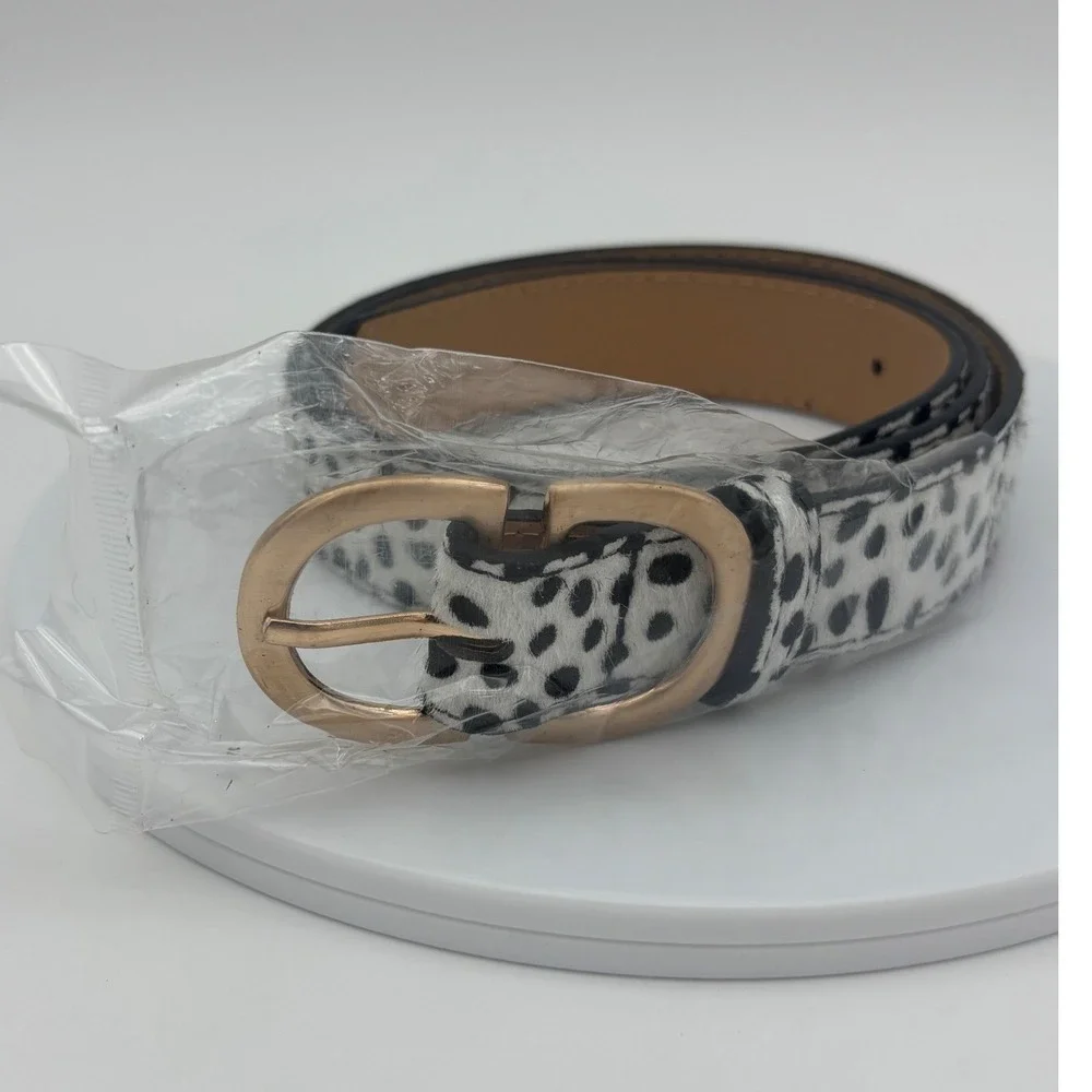 NEW Animal Print Belt Calf Hair Leopard Double C Cheetah Gold Buckle Black White